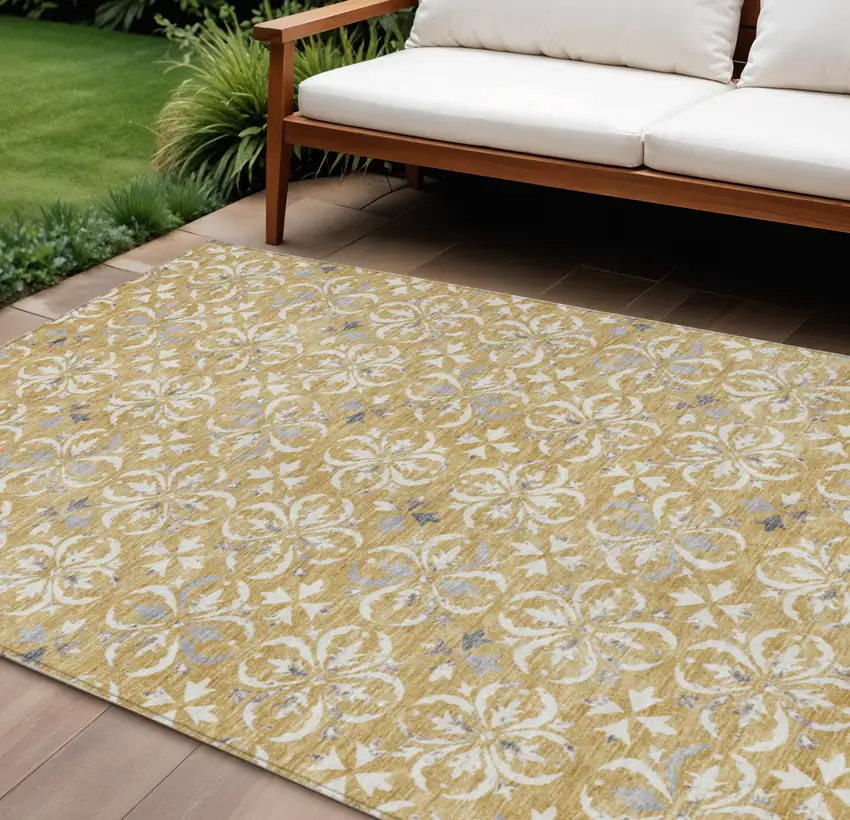 Gold Gray And Beige Floral Washable Indoor Outdoor Area Rug Photo 1