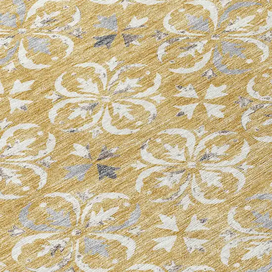 Gold Gray And Beige Floral Washable Indoor Outdoor Area Rug Photo 5