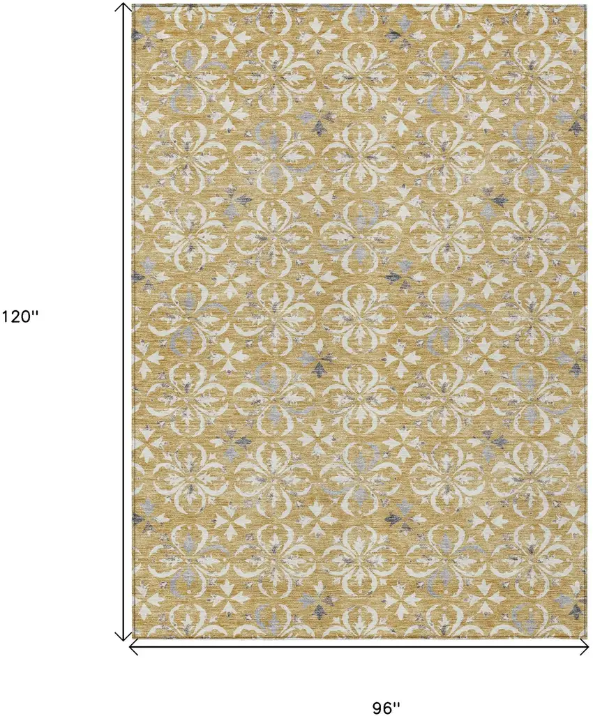 Gold Gray And Beige Floral Washable Indoor Outdoor Area Rug Photo 3