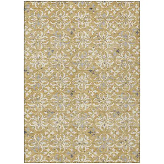 Gold Gray And Beige Floral Washable Indoor Outdoor Area Rug Photo 2