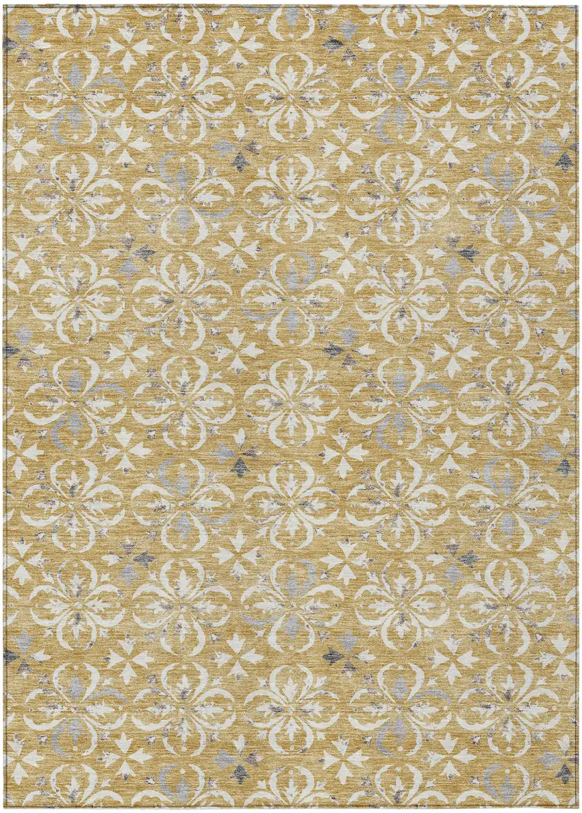 Gold Gray And Beige Floral Washable Indoor Outdoor Area Rug Photo 2