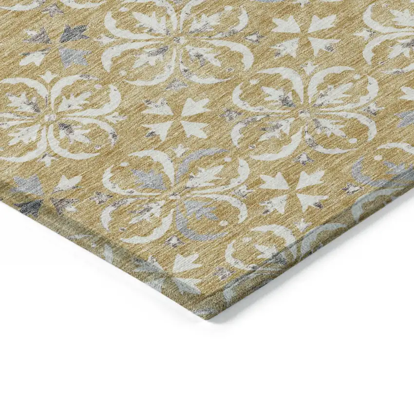 Gold Gray And Beige Floral Washable Indoor Outdoor Area Rug Photo 4
