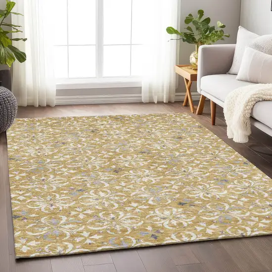 Gold Gray And Beige Floral Washable Indoor Outdoor Area Rug Photo 9