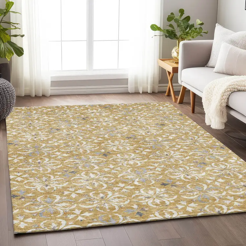 Gold Gray And Beige Floral Washable Indoor Outdoor Area Rug Photo 9