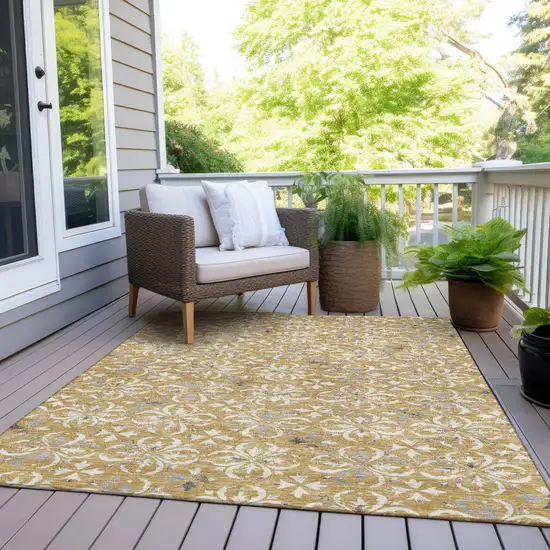 Gold Gray And Beige Floral Washable Indoor Outdoor Area Rug Photo 8