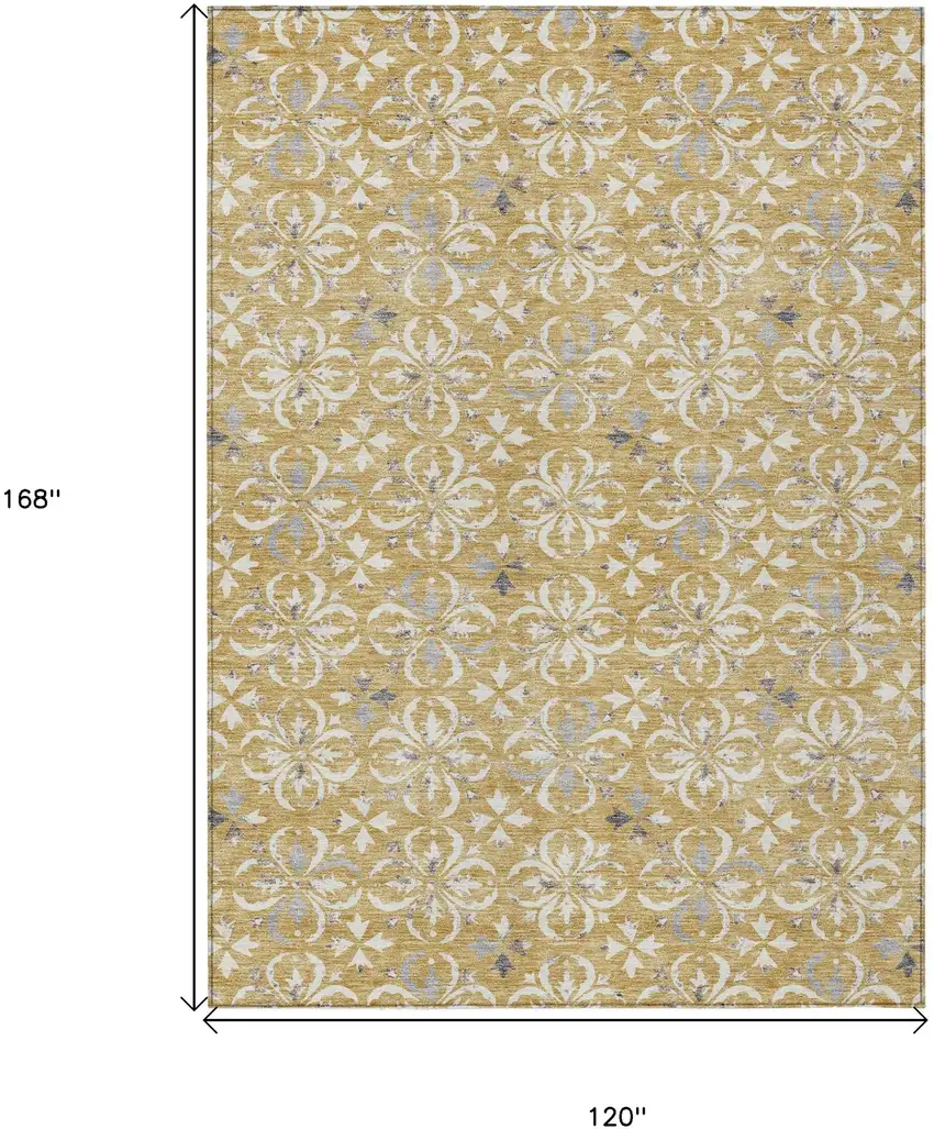 Gold Gray And Beige Floral Washable Indoor Outdoor Area Rug Photo 3