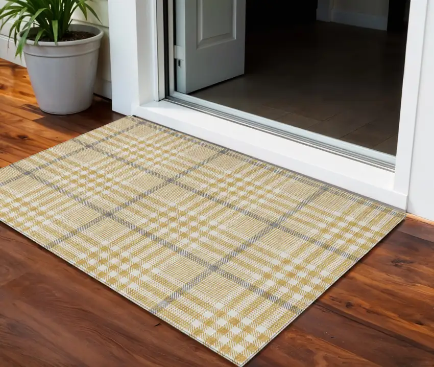 Gold Gray And Beige Plaid Washable Indoor Outdoor Area Rug Photo 1