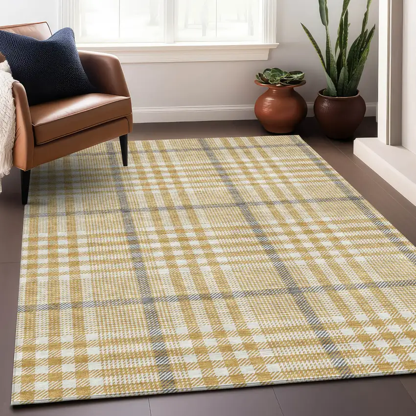 Gold Gray And Beige Plaid Washable Indoor Outdoor Area Rug Photo 9