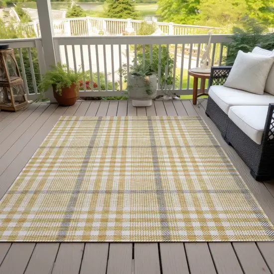Gold Gray And Beige Plaid Washable Indoor Outdoor Area Rug Photo 8
