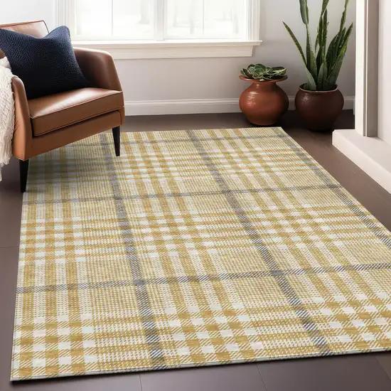 Gold Gray And Beige Plaid Washable Indoor Outdoor Area Rug Photo 9