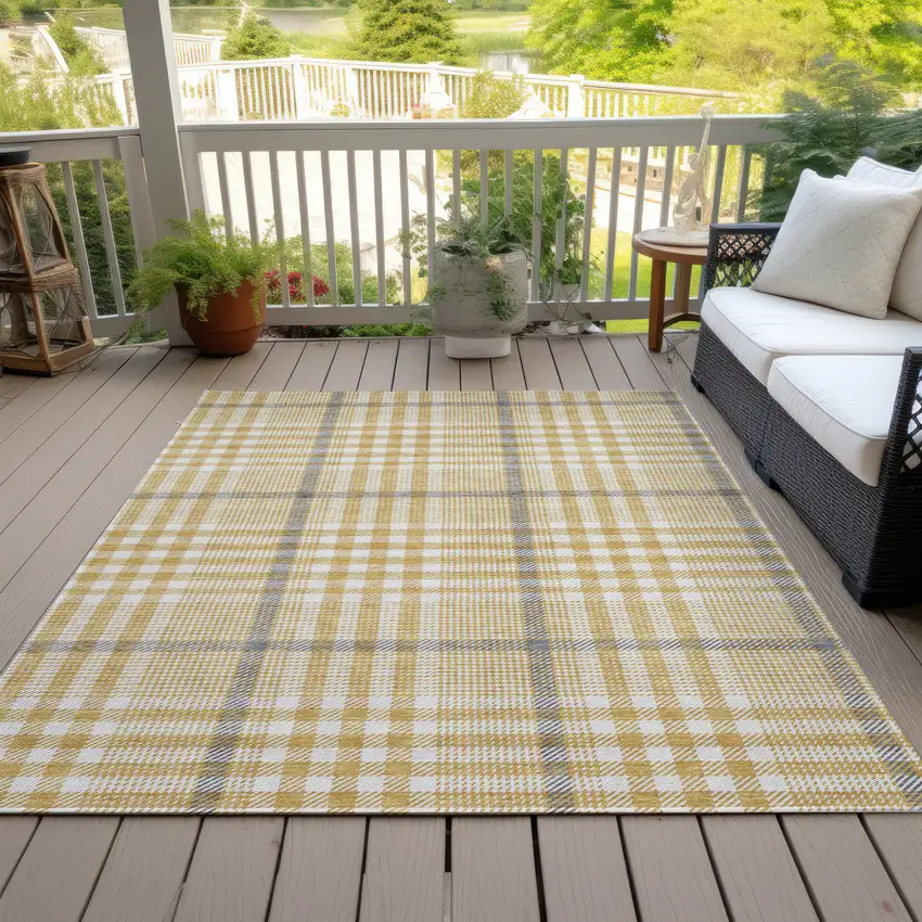 Gold Gray And Beige Plaid Washable Indoor Outdoor Area Rug Photo 8