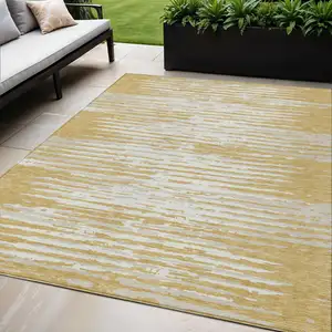 Photo of Gold Gray And Beige Striped Washable Indoor Outdoor Area Rug