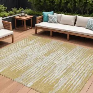 Photo of Gold Gray And Beige Striped Washable Indoor Outdoor Area Rug