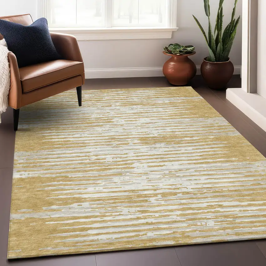 Gold Gray And Beige Striped Washable Indoor Outdoor Area Rug Photo 8