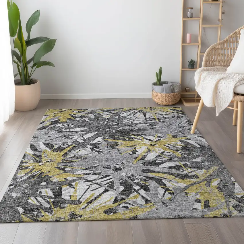 Gold Gray And Charcoal Abstract Washable Area Rug With UV Protection Photo 5