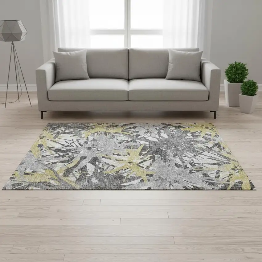 Gold Gray And Charcoal Abstract Washable Area Rug With UV Protection Photo 1