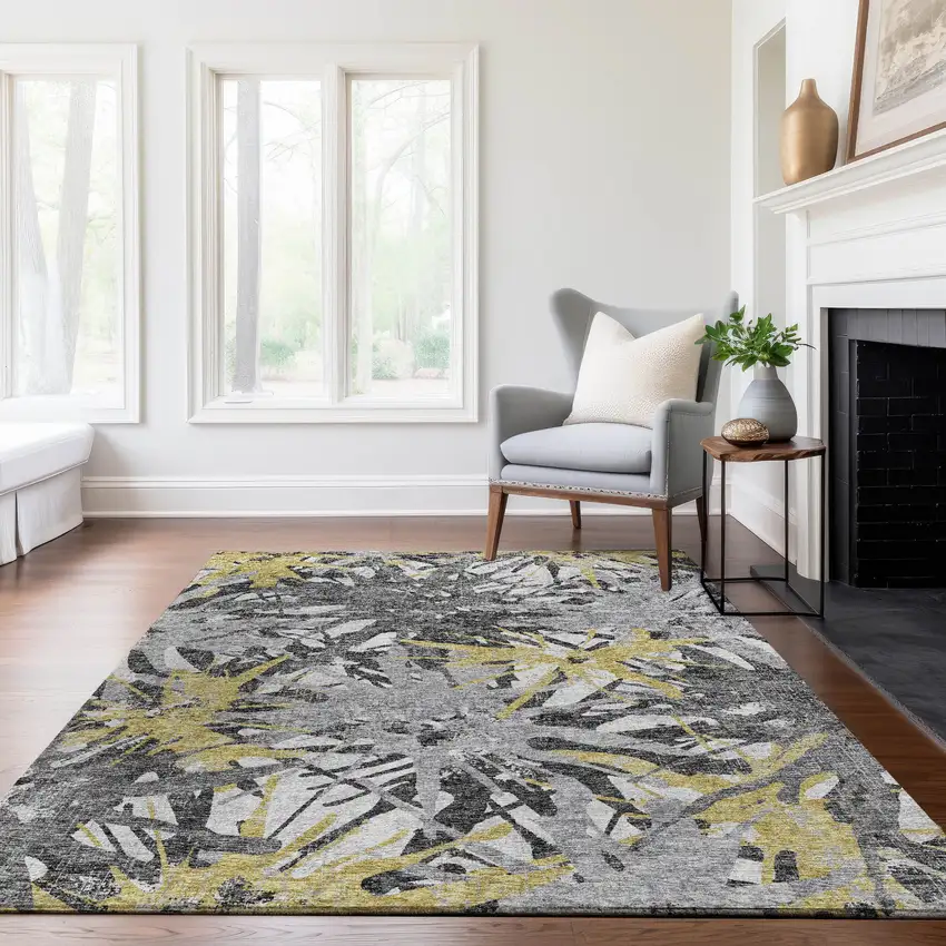 Gold Gray And Charcoal Abstract Washable Area Rug With UV Protection Photo 5