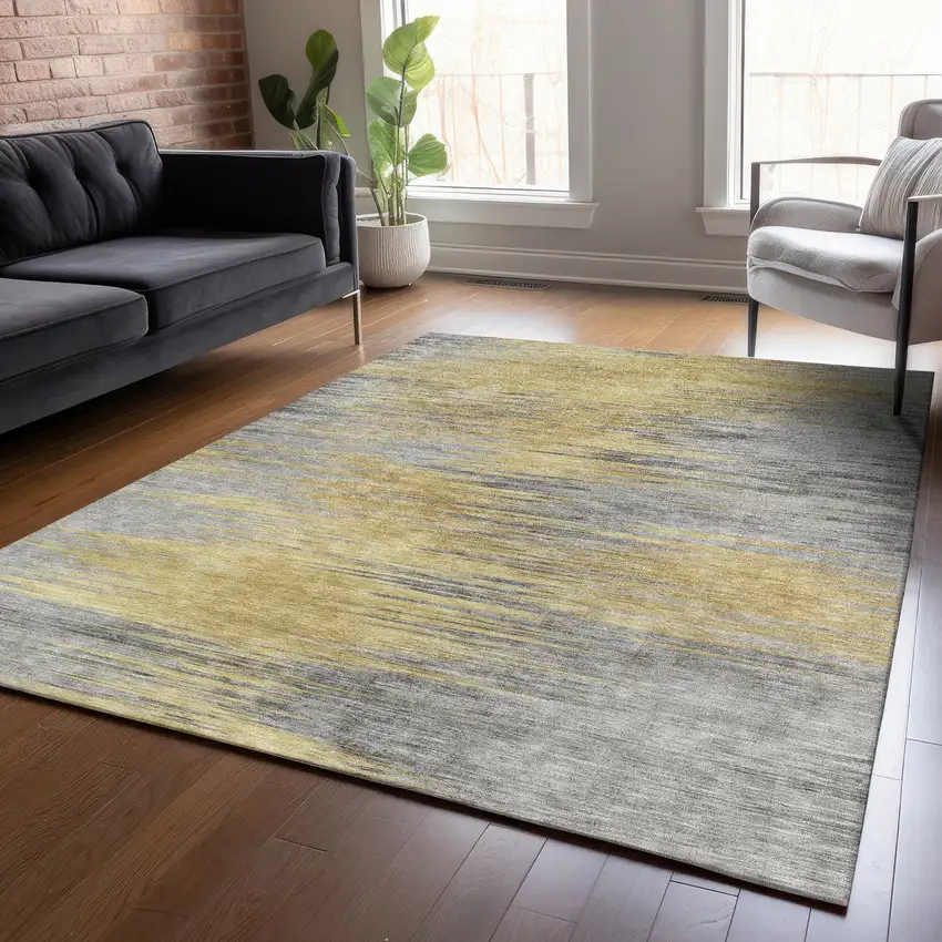 Gold Gray And Charcoal Abstract Washable Indoor Outdoor Area Rug Photo 9