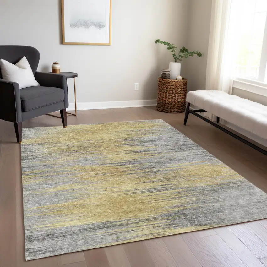 Gold Gray And Charcoal Abstract Washable Indoor Outdoor Area Rug Photo 9