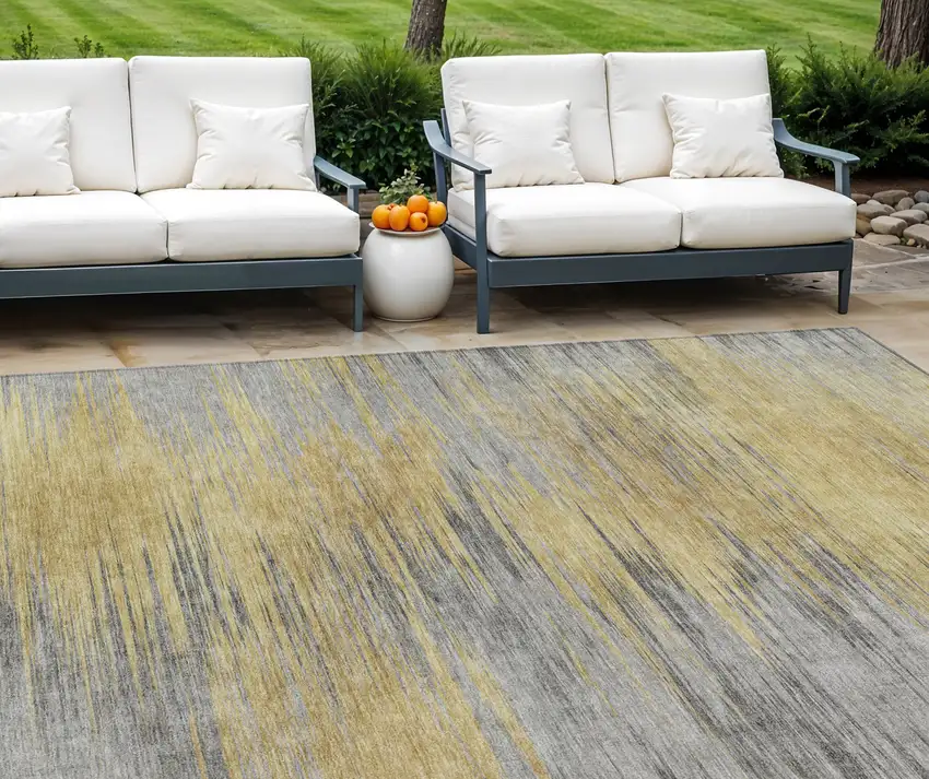 Gold Gray And Charcoal Abstract Washable Indoor Outdoor Area Rug Photo 1