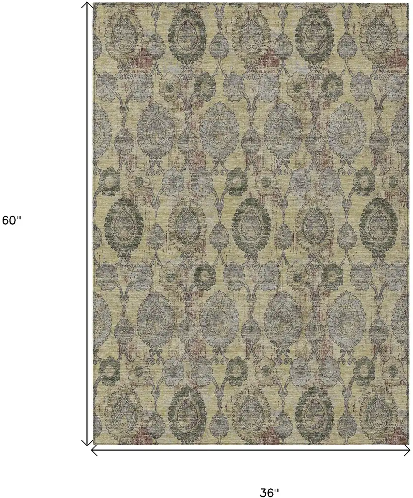 Gold Gray And Charcoal Damask Washable Indoor Outdoor Area Rug Photo 3