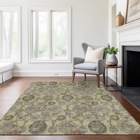 Gold Gray And Charcoal Damask Washable Indoor Outdoor Area Rug Photo 9