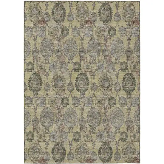 Gold Gray And Charcoal Damask Washable Indoor Outdoor Area Rug Photo 2