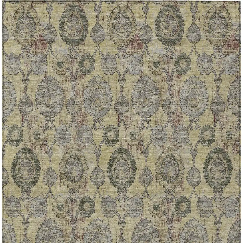 Gold Gray And Charcoal Damask Washable Indoor Outdoor Area Rug Photo 7