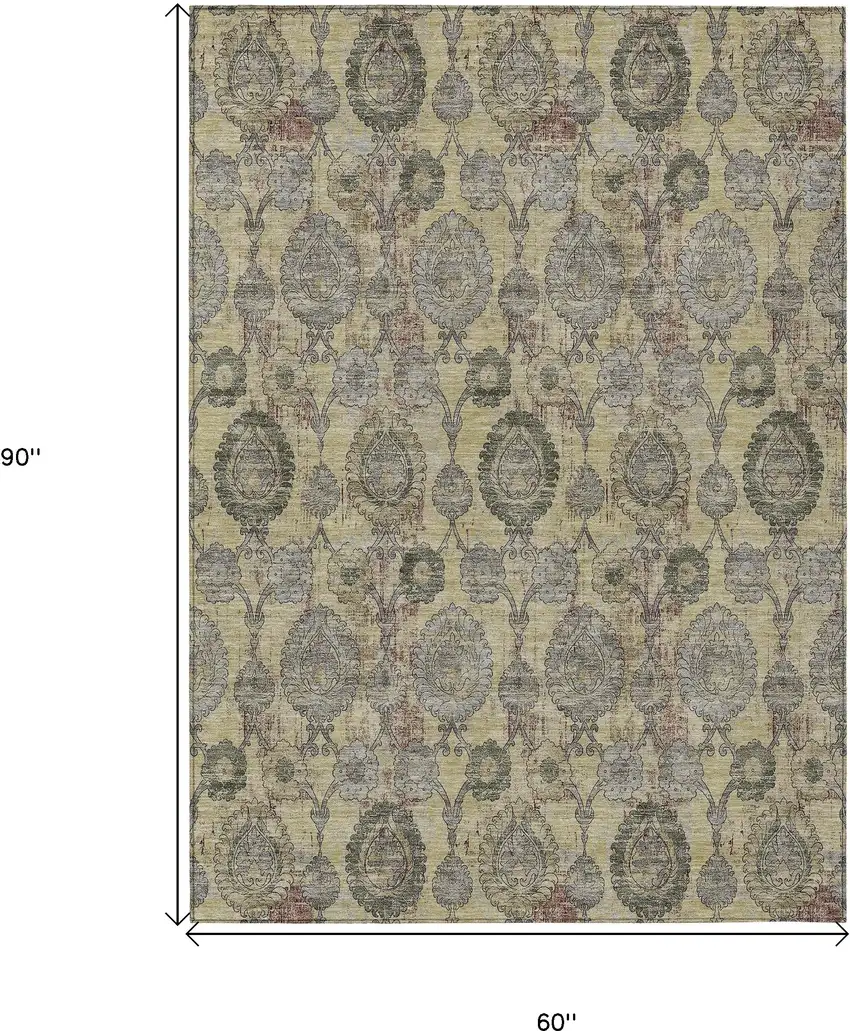 Gold Gray And Charcoal Damask Washable Indoor Outdoor Area Rug Photo 3