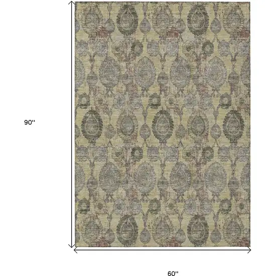 Gold Gray And Charcoal Damask Washable Indoor Outdoor Area Rug Photo 3
