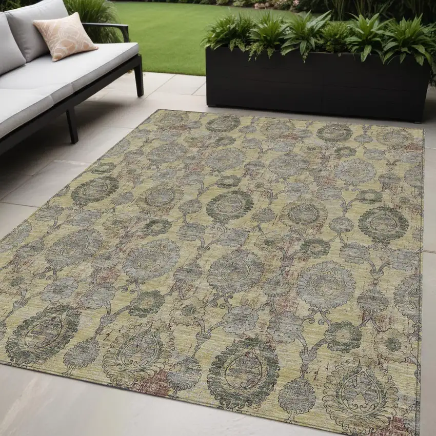 Gold Gray And Charcoal Damask Washable Indoor Outdoor Area Rug Photo 1