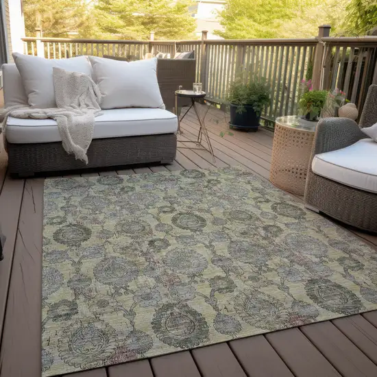 Gold Gray And Charcoal Damask Washable Indoor Outdoor Area Rug Photo 8