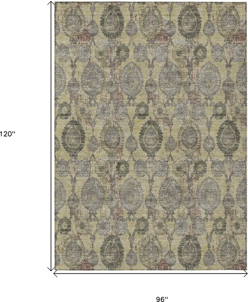 Gold Gray And Charcoal Damask Washable Indoor Outdoor Area Rug Photo 3