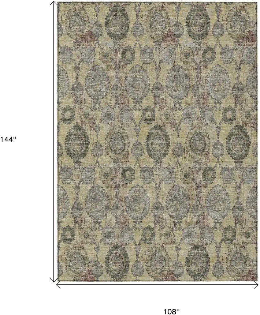 Gold Gray And Charcoal Damask Washable Indoor Outdoor Area Rug Photo 3