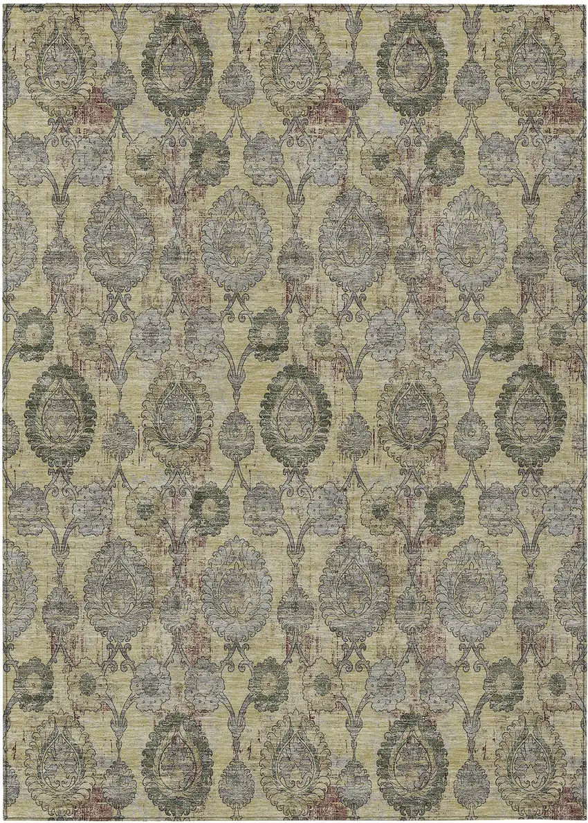 Gold Gray And Charcoal Damask Washable Indoor Outdoor Area Rug Photo 2