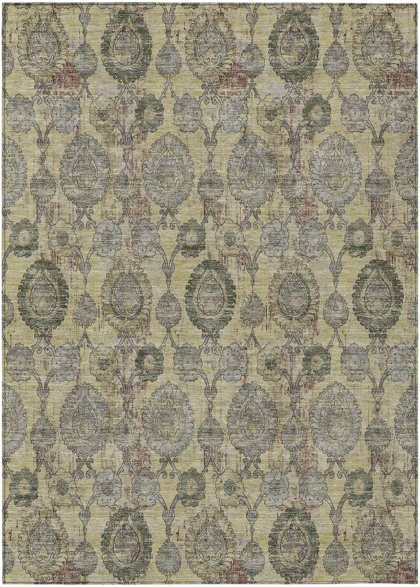 Gold Gray And Charcoal Damask Washable Indoor Outdoor Area Rug Photo 2