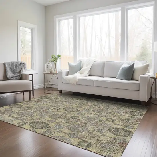 Gold Gray And Charcoal Damask Washable Indoor Outdoor Area Rug Photo 9