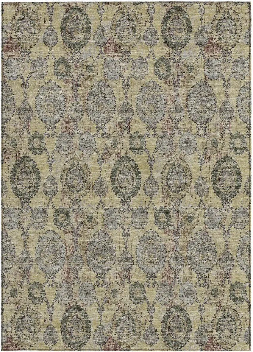 Gold Gray And Charcoal Damask Washable Indoor Outdoor Area Rug Photo 6