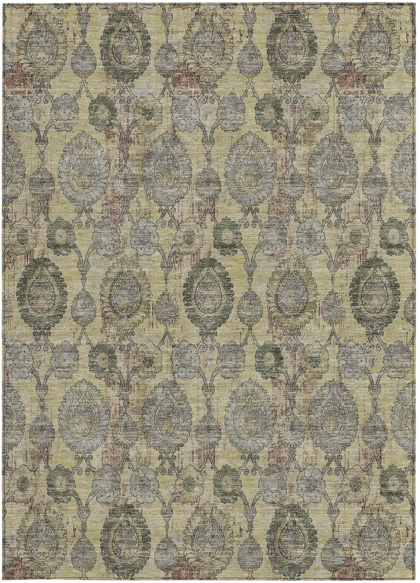 Gold Gray And Charcoal Damask Washable Indoor Outdoor Area Rug Photo 6
