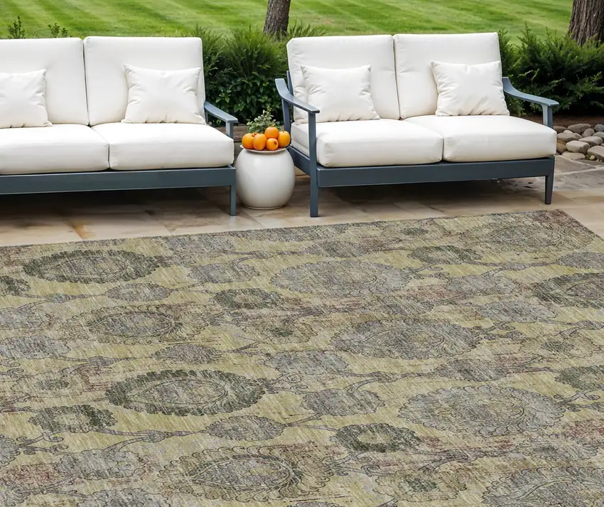 Gold Gray And Charcoal Damask Washable Indoor Outdoor Area Rug Photo 1
