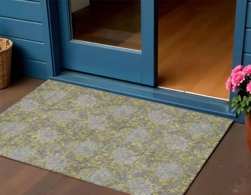 Gold Gray And Charcoal Floral Washable Indoor Outdoor Area Rug Photo 1