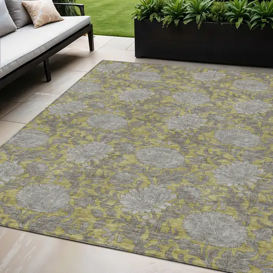 Gold Gray And Charcoal Floral Washable Indoor Outdoor Area Rug Photo 1