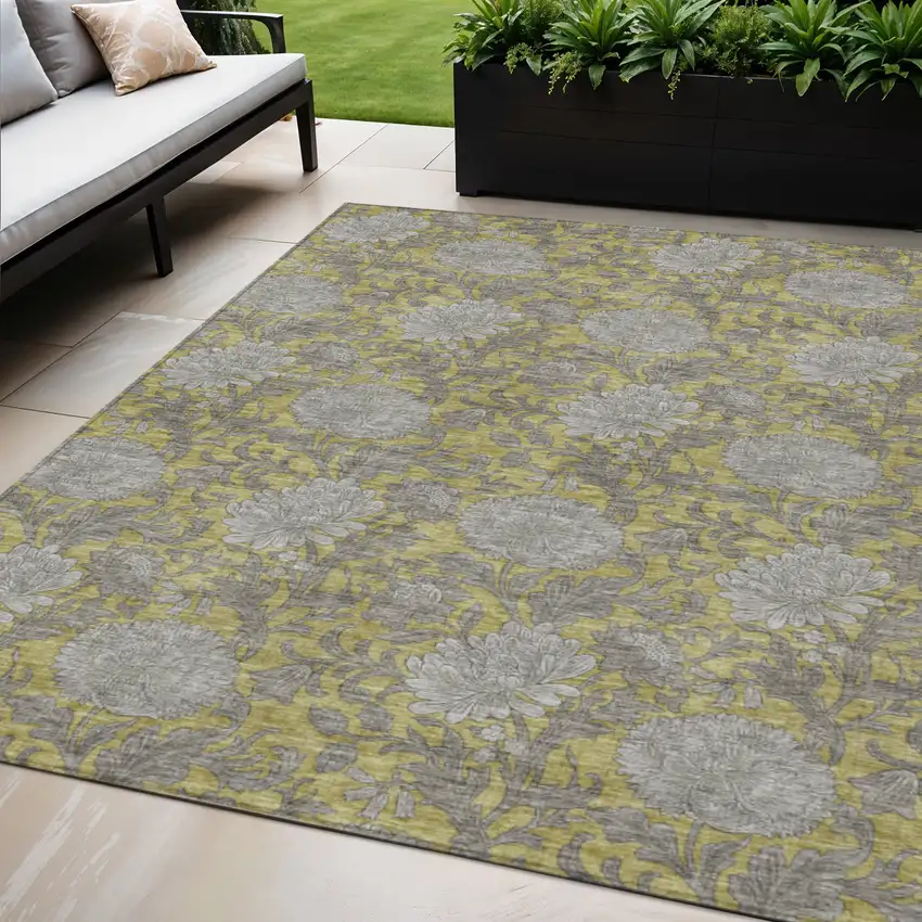 Gold Gray And Charcoal Floral Washable Indoor Outdoor Area Rug Photo 1