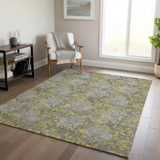 Gold Gray And Charcoal Floral Washable Indoor Outdoor Area Rug Photo 9