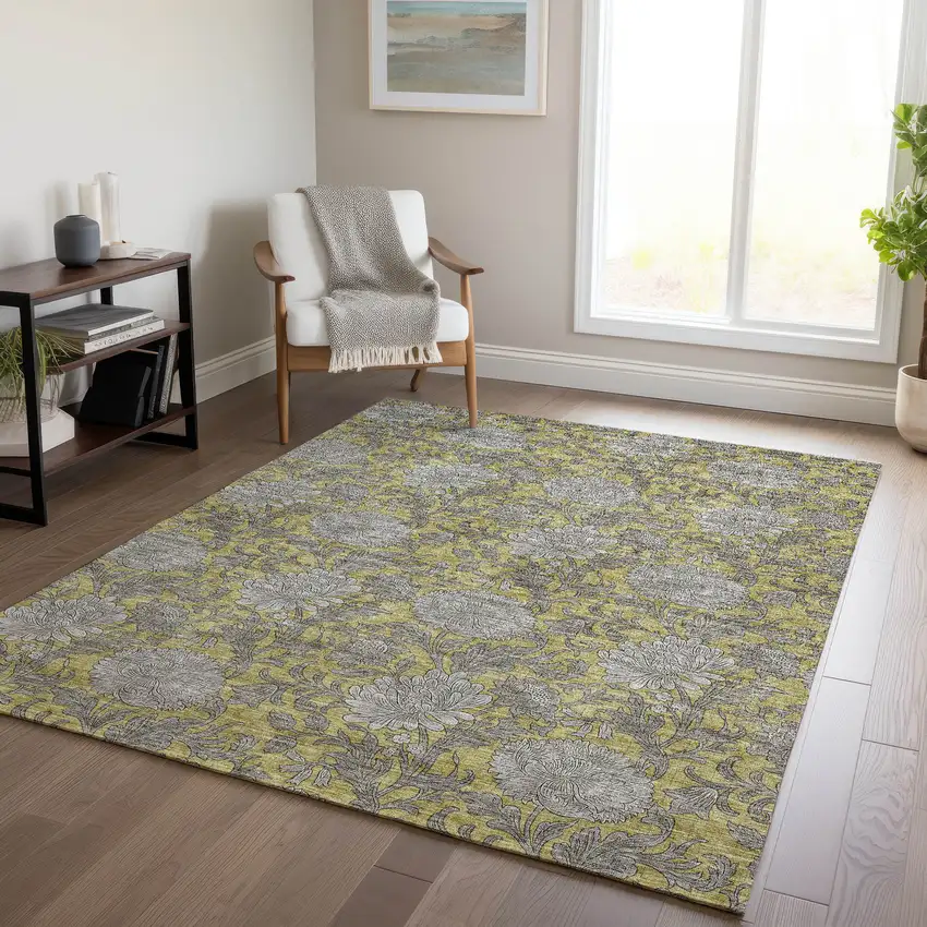 Gold Gray And Charcoal Floral Washable Indoor Outdoor Area Rug Photo 9