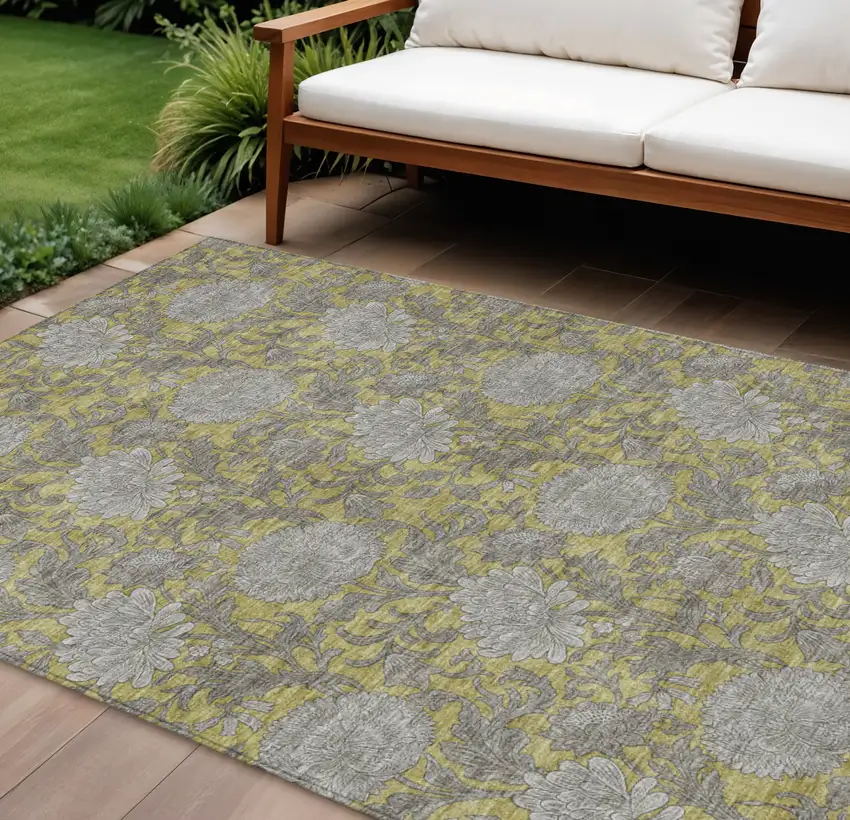 Gold Gray And Charcoal Floral Washable Indoor Outdoor Area Rug Photo 1