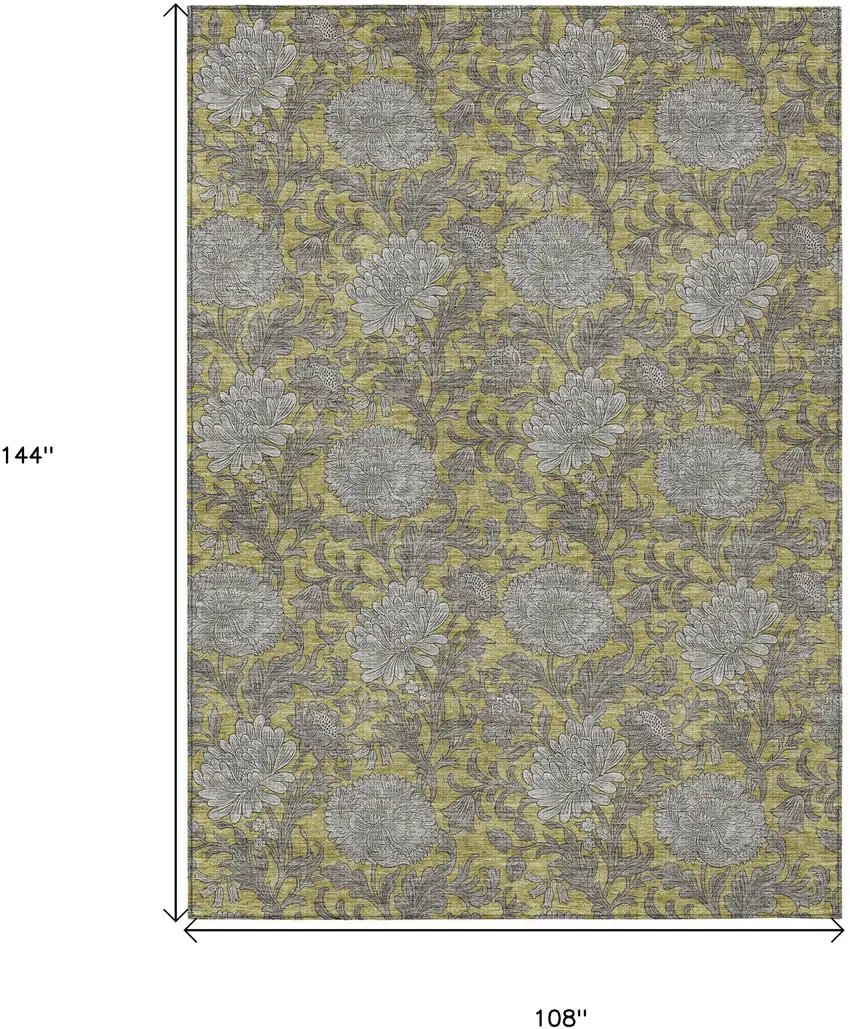 Gold Gray And Charcoal Floral Washable Indoor Outdoor Area Rug Photo 3