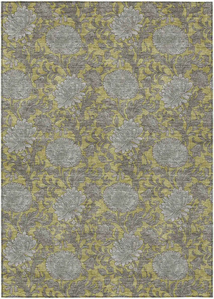 Gold Gray And Charcoal Floral Washable Indoor Outdoor Area Rug Photo 2