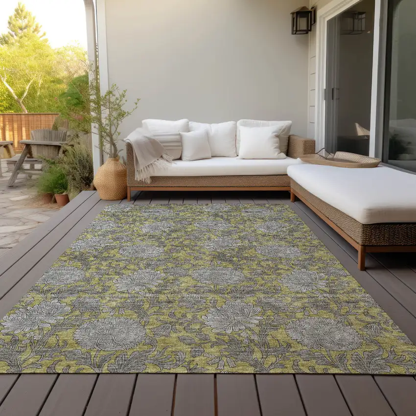Gold Gray And Charcoal Floral Washable Indoor Outdoor Area Rug Photo 9