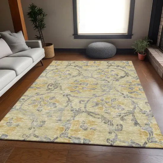 Gold Gray And Charcoal Floral Washable Indoor Outdoor Area Rug Photo 8
